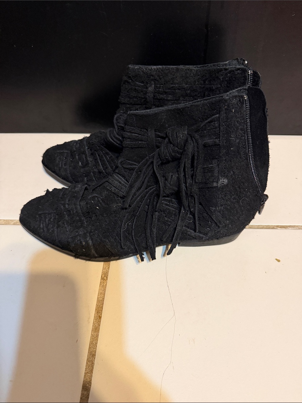 Free People Black Suede Fringe Ankle Booties with Back Zip